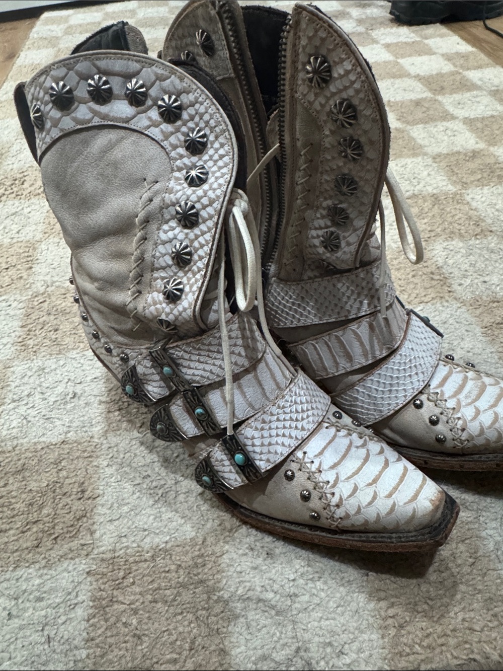 Women's Cream Western Ankle Boots with Stud & Strap Accents